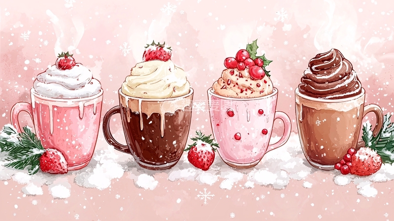 高清大图下载【趣麦麦图】四杯热饮水彩手绘插画