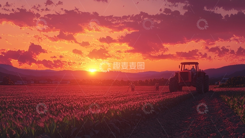 高清大图下载【趣麦麦图】夕阳下田野里的拖拉机
