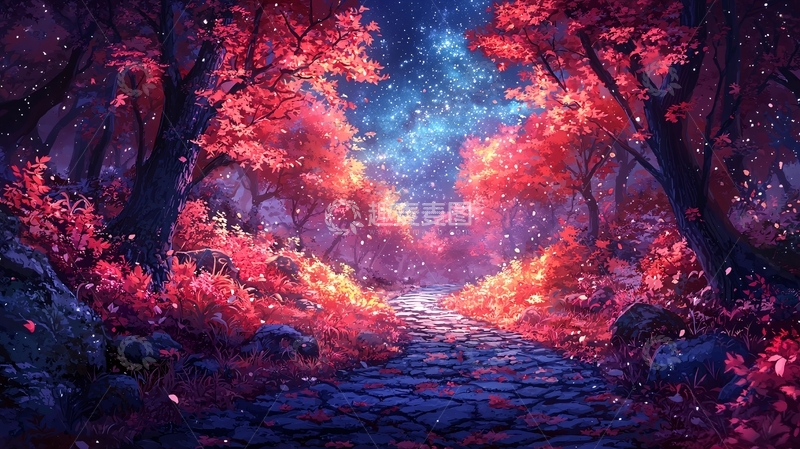 高清大图下载【趣麦麦图】梦幻红枫林小路