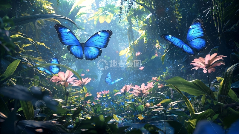 高清大图下载【趣麦麦图】热带雨林蓝蝴蝶花丛