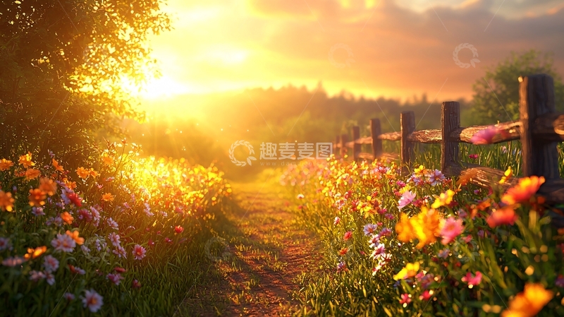 高清大图下载【趣麦麦图】金色阳光下的花田小路