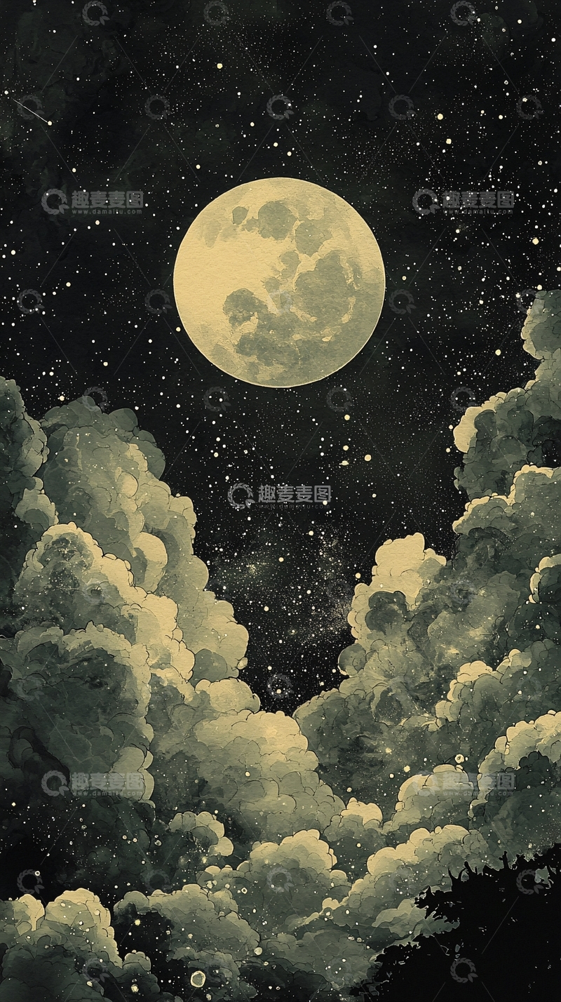 高清大图下载【趣麦麦图】夜晚星空满月云朵