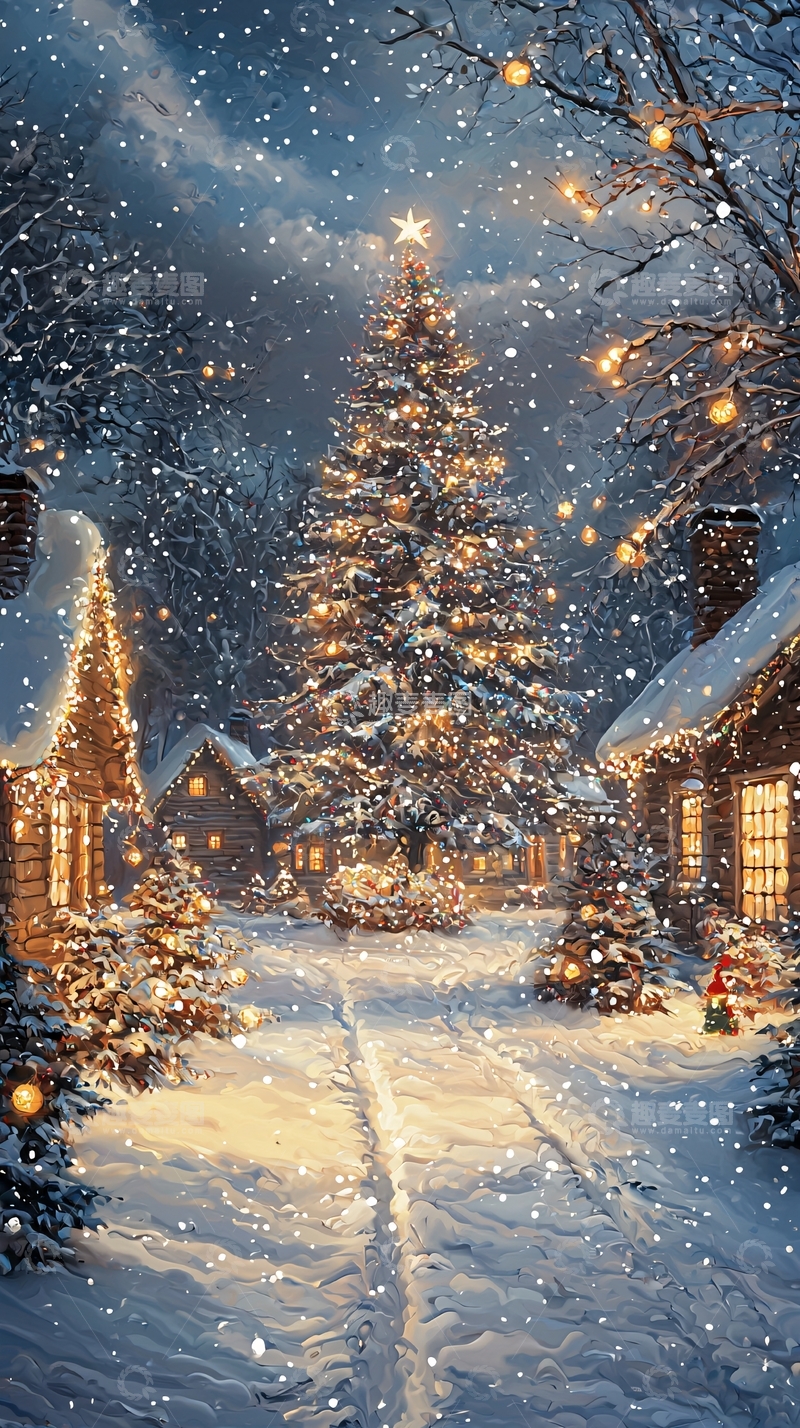 高清大图下载【趣麦麦图】雪夜圣诞村庄