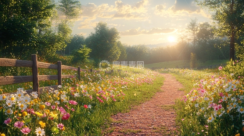 高清大图下载【趣麦麦图】田园小路鲜花盛开