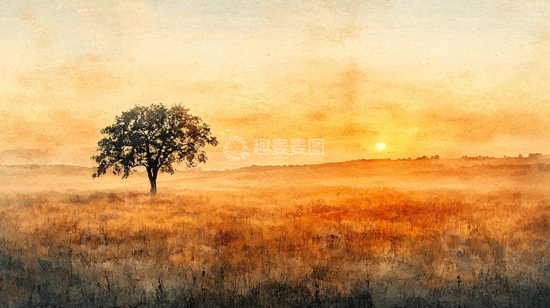 高清大图下载【趣麦麦图】日出草原孤树