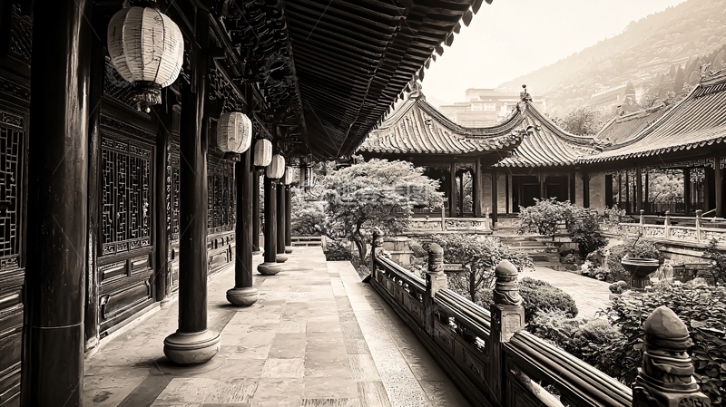 高清大图下载【趣麦麦图】中式庭院黑白照
