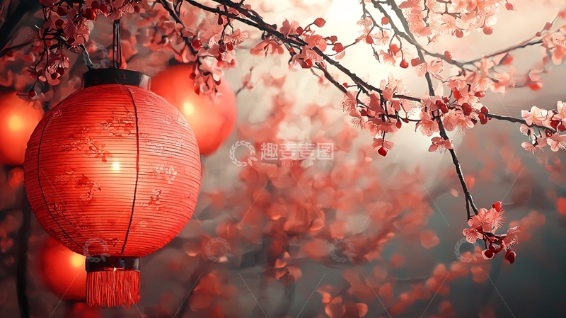 高清大图下载【趣麦麦图】红灯笼樱花树朦胧意境