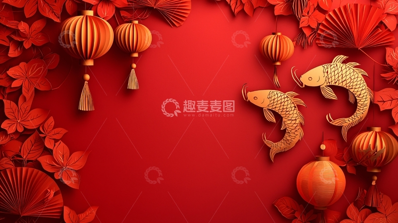 高清大图下载【趣麦麦图】红色背景金鱼灯笼