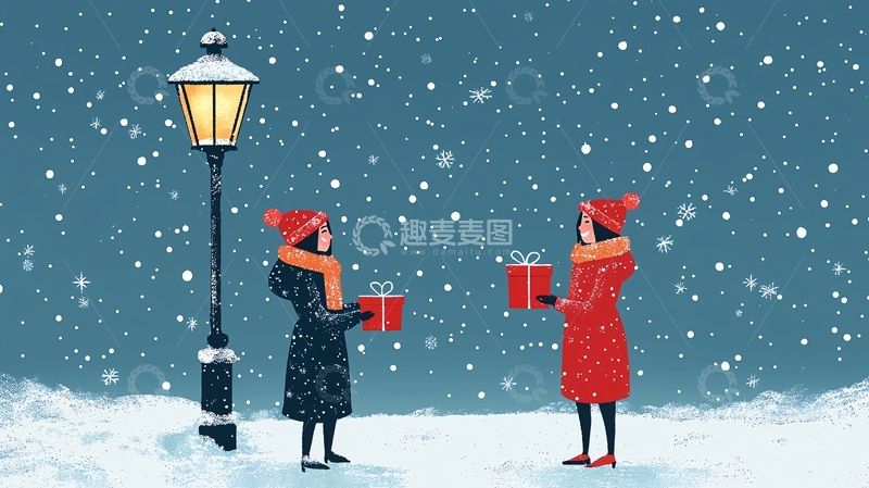 高清大图下载【趣麦麦图】冬日雪景下交换礼物的女孩