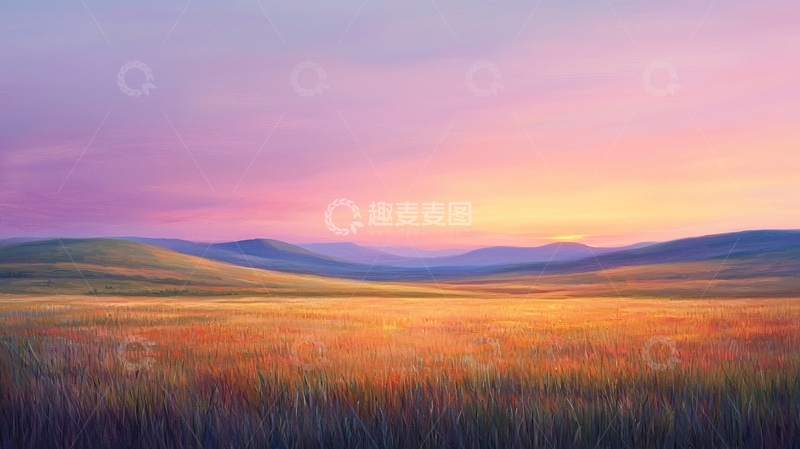 高清大图下载【趣麦麦图】日落下的金色草原