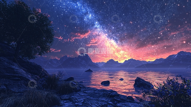 高清大图下载【趣麦麦图】星空湖泊树木山脉