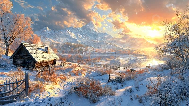 高清大图下载【趣麦麦图】冬季雪景小屋
