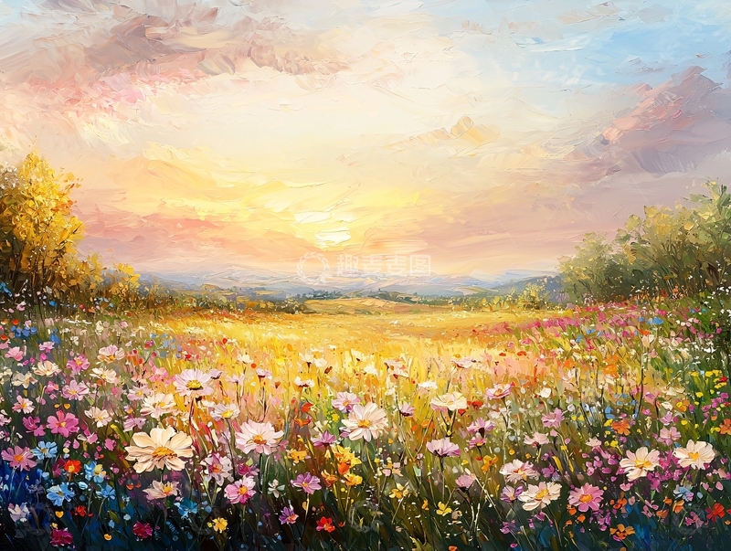 高清大图下载【趣麦麦图】日落田园花海油画