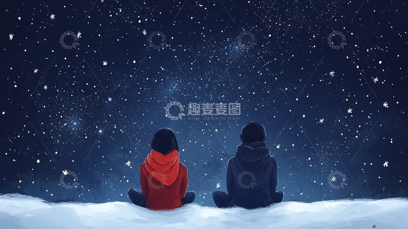 高清大图下载【趣麦麦图】雪夜星空下两人背影