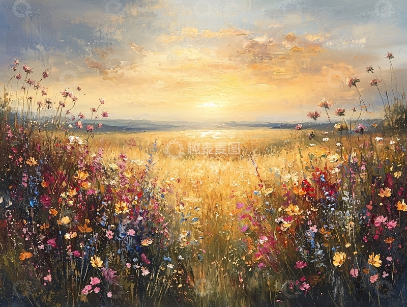 高清大图下载【趣麦麦图】花田日落景色油画
