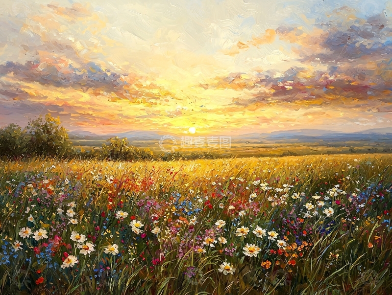 高清大图下载【趣麦麦图】金黄麦田夕阳下的野花