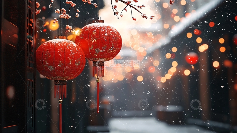 高清大图下载【趣麦麦图】红灯笼雪景