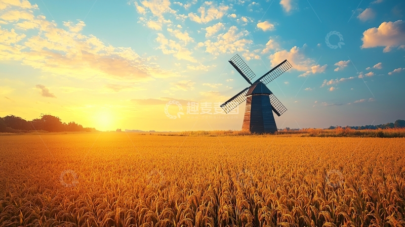 高清大图下载【趣麦麦图】日落麦田风车风景