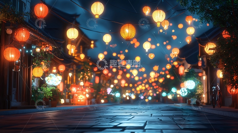 高清大图下载【趣麦麦图】夜幕下的彩灯古镇街道