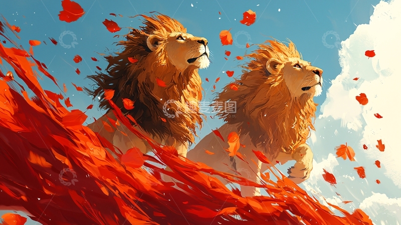 高清大图下载【趣麦麦图】红花飞舞下的两只雄狮