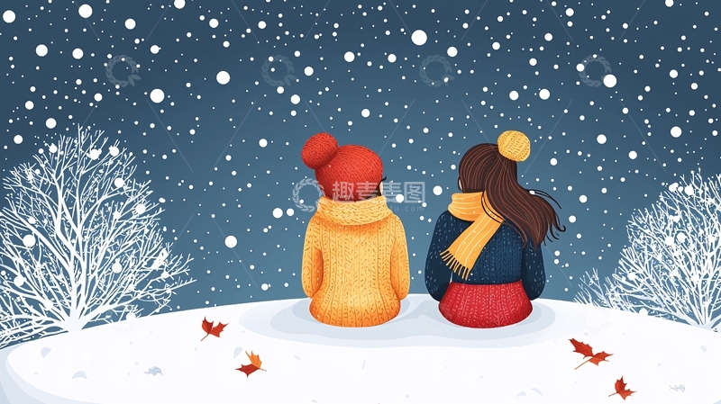 高清大图下载【趣麦麦图】冬日雪景情侣背影图