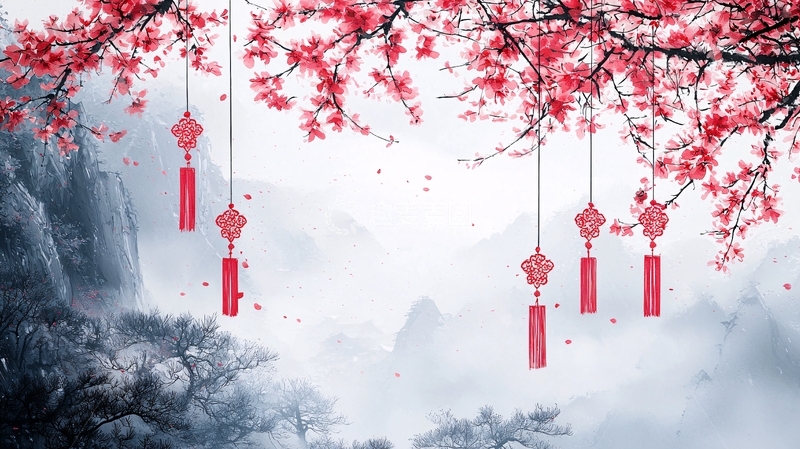 高清大图下载【趣麦麦图】红梅山景中国风灯笼