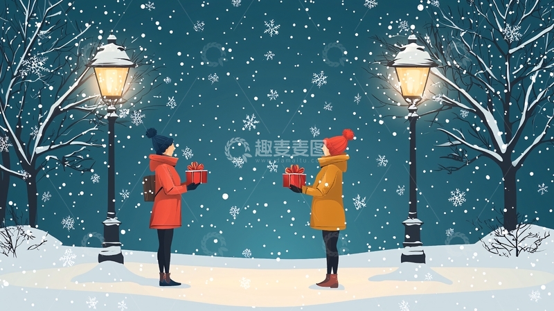 高清大图下载【趣麦麦图】冬夜雪景下交换礼物的两人