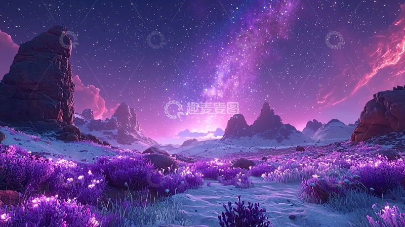 高清大图下载【趣麦麦图】紫色星空下的奇幻山脉
