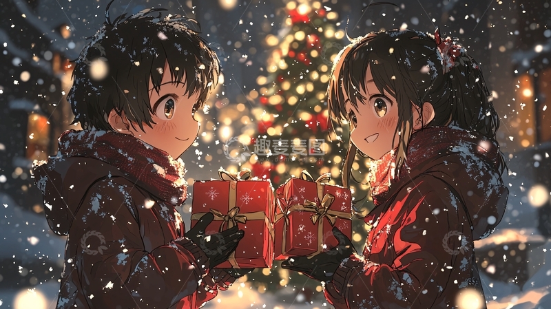 高清大图下载【趣麦麦图】圣诞节雪景动漫情侣