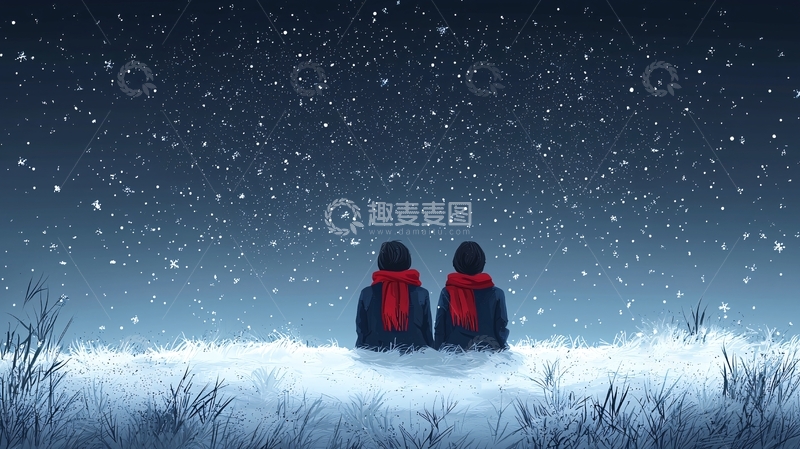 高清大图下载【趣麦麦图】冬夜雪景下相依偎的两人
