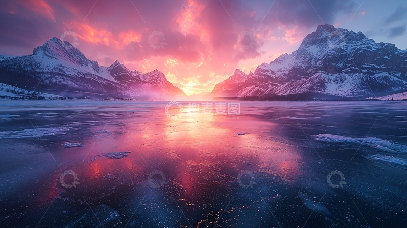 高清大图下载【趣麦麦图】极光雪山日落湖面