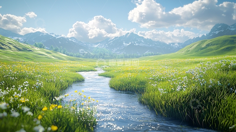 高清大图下载【趣麦麦图】山间溪流与野花盛开的草原