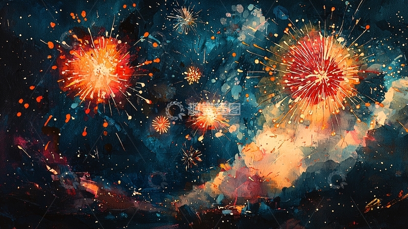高清大图下载【趣麦麦图】绚丽多彩的烟花水彩画