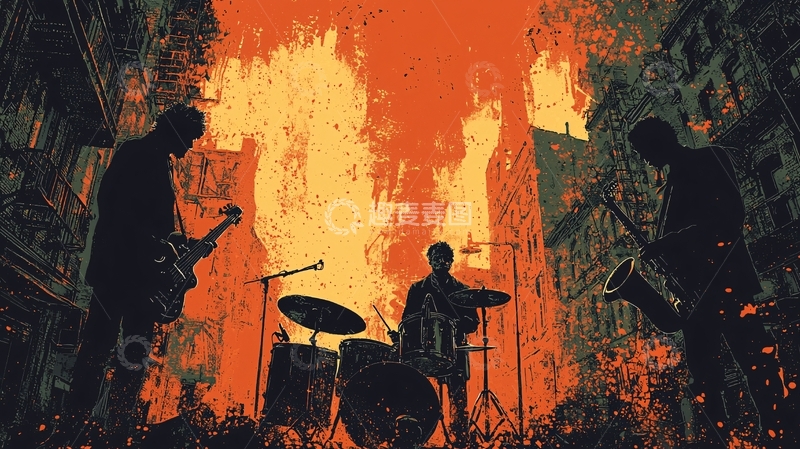 高清大图下载【趣麦麦图】火焰背景乐队剪影
