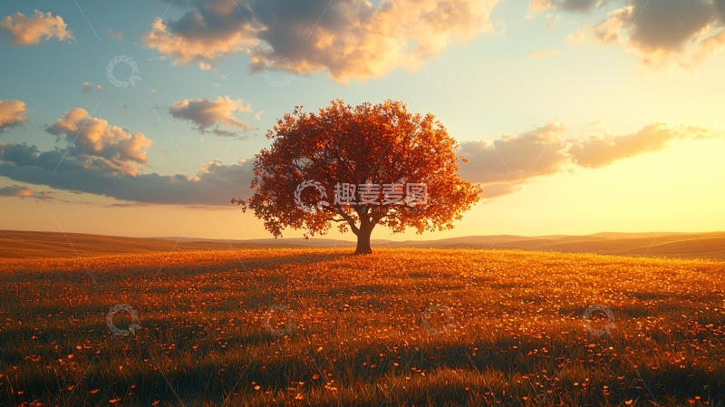 高清大图下载【趣麦麦图】孤独的树在金色原野