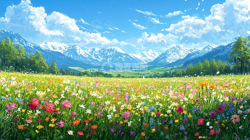 高清大图下载【趣麦麦图】蓝天白云下的花海雪山