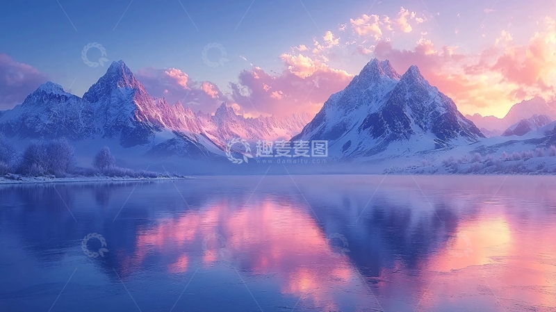 高清大图下载【趣麦麦图】雪山湖泊日落