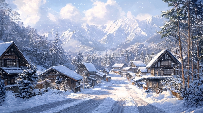 高清大图下载【趣麦麦图】雪山村庄冬季风光