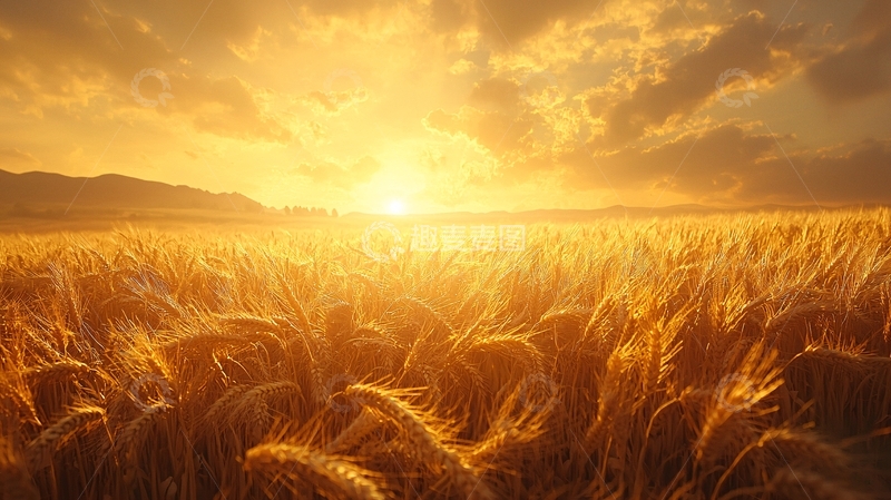 高清大图下载【趣麦麦图】金黄麦田夕阳景色