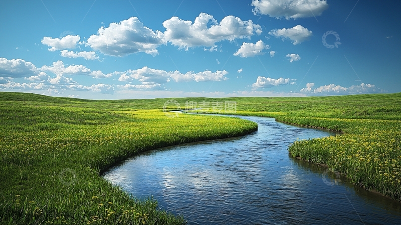 高清大图下载【趣麦麦图】蓝天白云下的绿色田野小溪