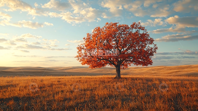 高清大图下载【趣麦麦图】秋日落日下孤单的红叶树