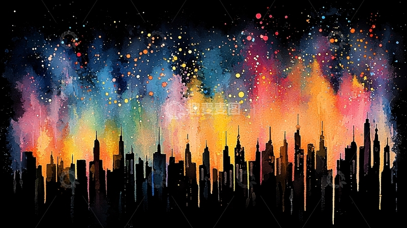 高清大图下载【趣麦麦图】水彩星空城市夜景