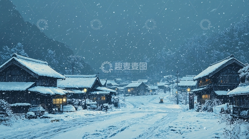 高清大图下载【趣麦麦图】雪夜山村