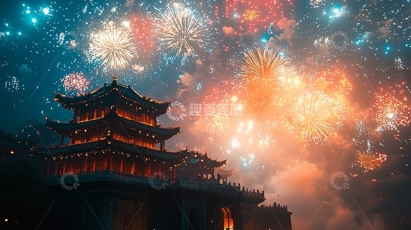 高清大图下载【趣麦麦图】中国古建筑上空的烟花
