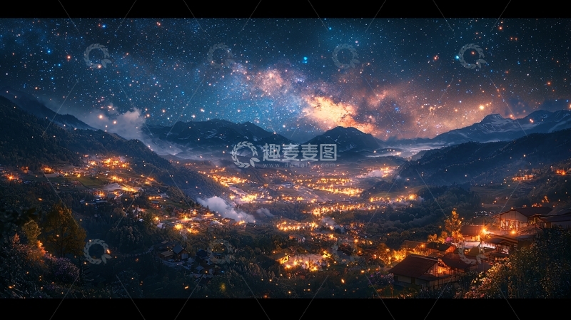 高清大图下载【趣麦麦图】星空下的山谷小镇