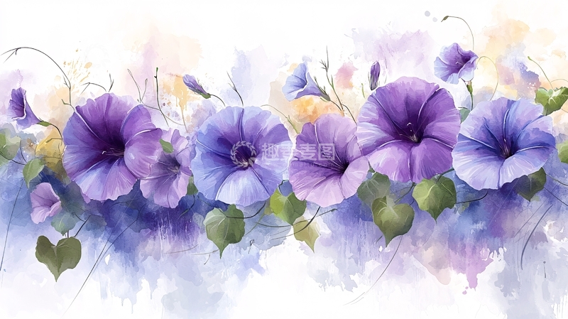 高清大图下载【趣麦麦图】紫色牵牛花水彩画