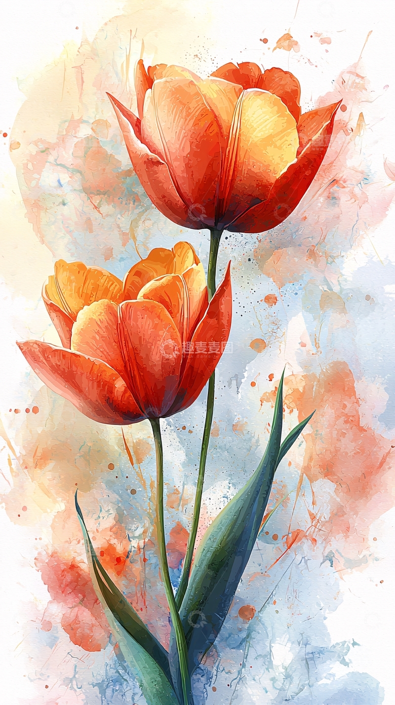 高清大图下载【趣麦麦图】水彩郁金香花卉绘画
