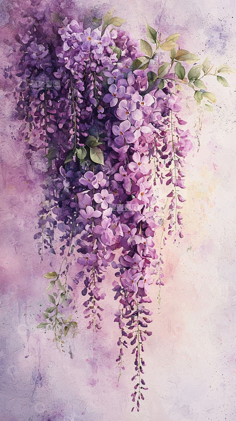 高清大图下载【趣麦麦图】紫色浪漫紫藤花水彩画