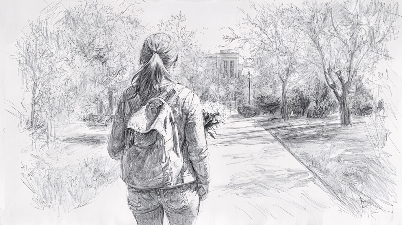 高清大图下载【趣麦麦图】女孩背影校园铅笔画