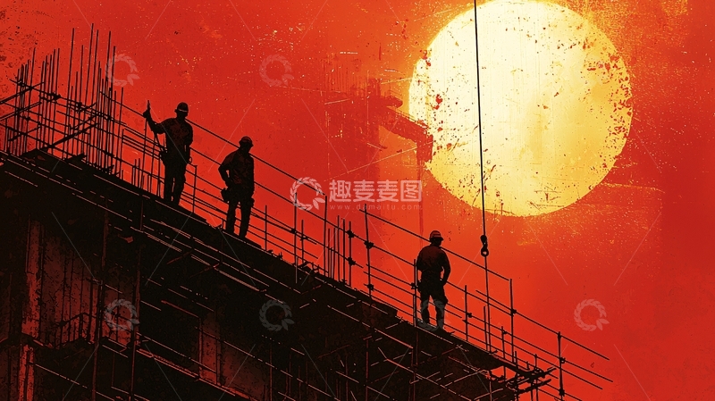 高清大图下载【趣麦麦图】红色夕阳下工地工人